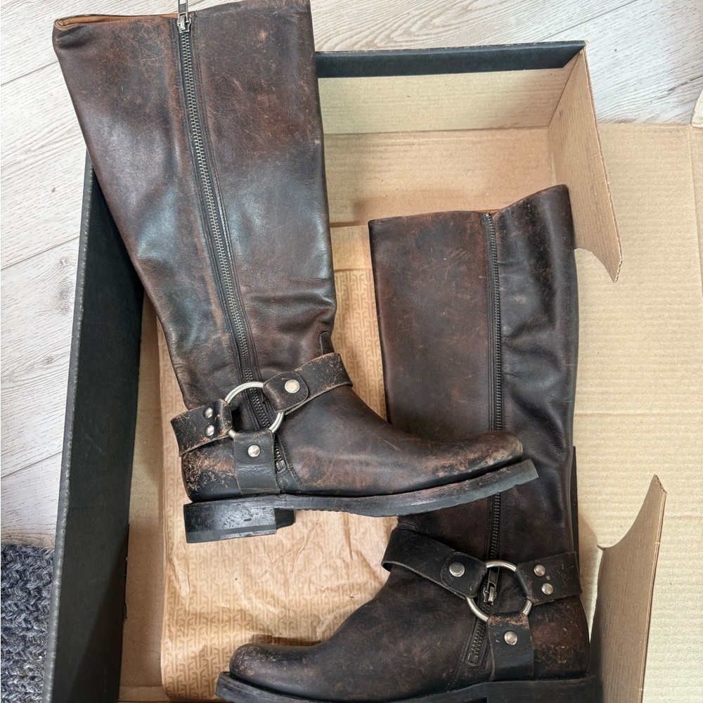 Frye Dark Brown Distressed Leather Harness Boots